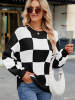 Checkered Round Neck Long Sleeve Sweater