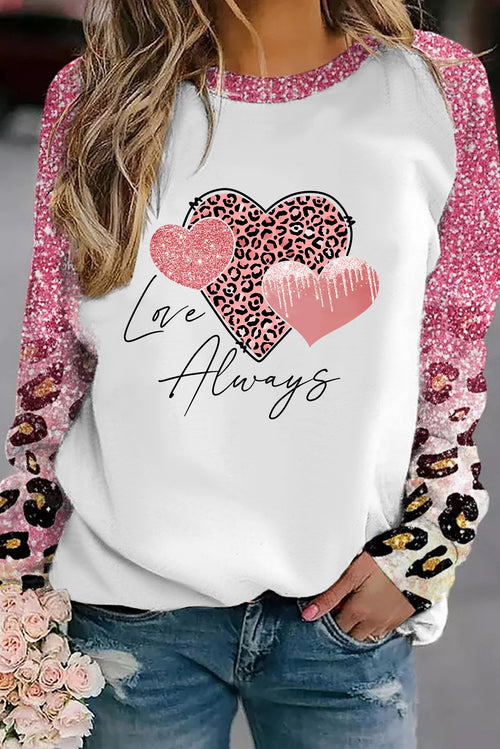 Sequined Heart Shaped Leopard Sleeve Graphic T Shirt