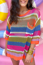 Colorblock Hollowed Crochet 3/4 Sleeve Sweater