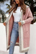 Pocketed Contrast Long Sleeve Hooded Cardigan