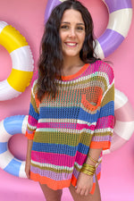 Colorblock Hollowed Crochet 3/4 Sleeve Sweater