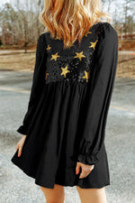 Star Sequin Round Neck Flounce Sleeve Mini Dress