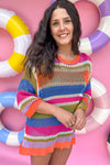 Colorblock Hollowed Crochet 3/4 Sleeve Sweater