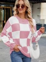 Checkered Round Neck Long Sleeve Sweater