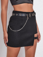 O ring Detail Cut out Chain Belted Asymmetrical Hem Skirt