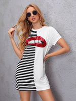 Sequin Lip Stripe Print Tee Dress