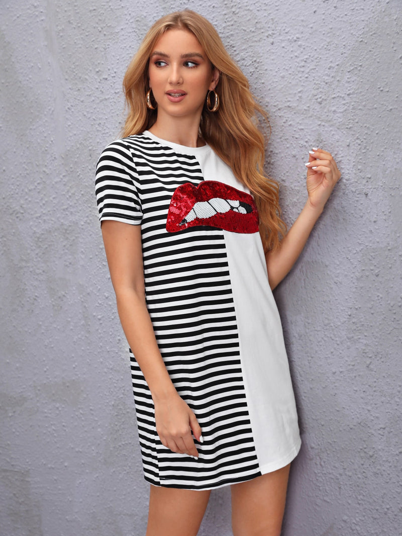 Sequin Lip Stripe Print Tee Dress