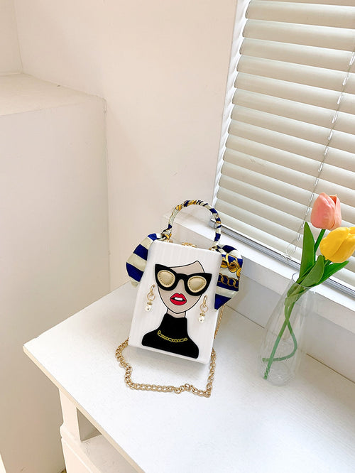 Mini Figure Graphic Faux Pearl Twilly Scarf Decor Box Bag