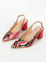 Snakeskin Embossed Point Toe Chunky Heeled Slingback Pumps