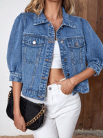 Washed Flap Pocket Puff Sleeve Denim Jacket