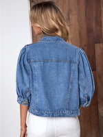 Washed Flap Pocket Puff Sleeve Denim Jacket