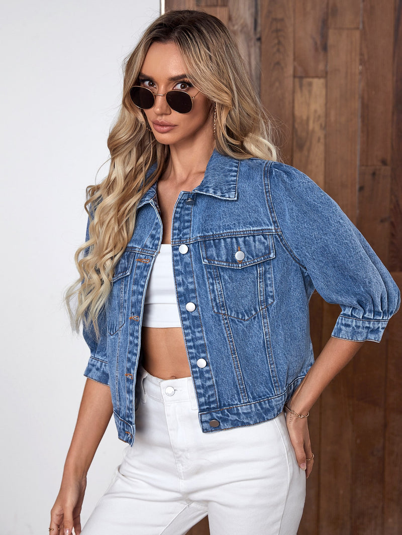 Washed Flap Pocket Puff Sleeve Denim Jacket