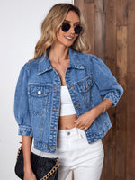 Washed Flap Pocket Puff Sleeve Denim Jacket