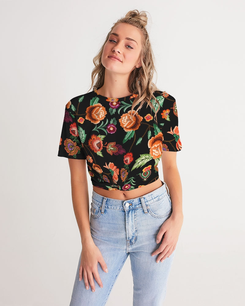 Embroidery Flowers Women's Twist-Front Cropped Tee