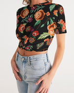 Embroidery Flowers Women's Twist-Front Cropped Tee