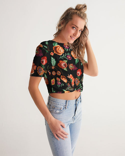 Embroidery Flowers Women's Twist-Front Cropped Tee