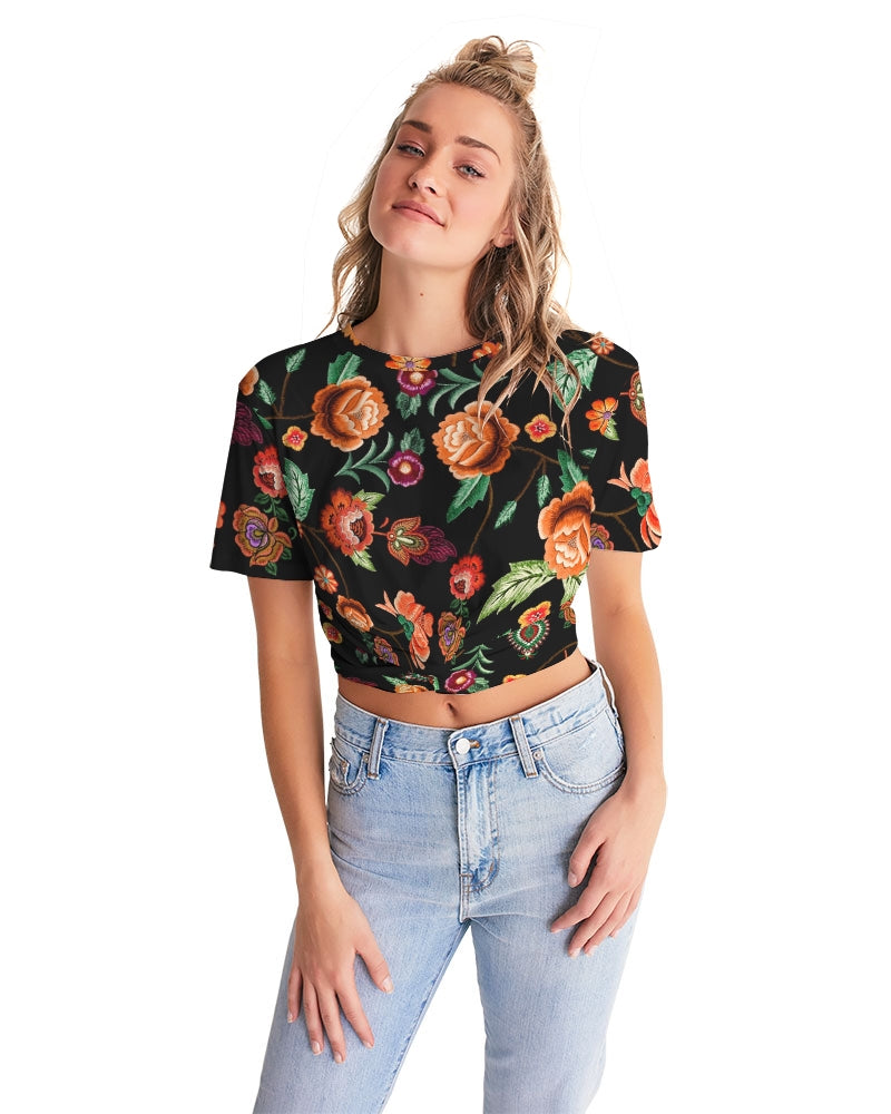 Embroidery Flowers Women's Twist-Front Cropped Tee