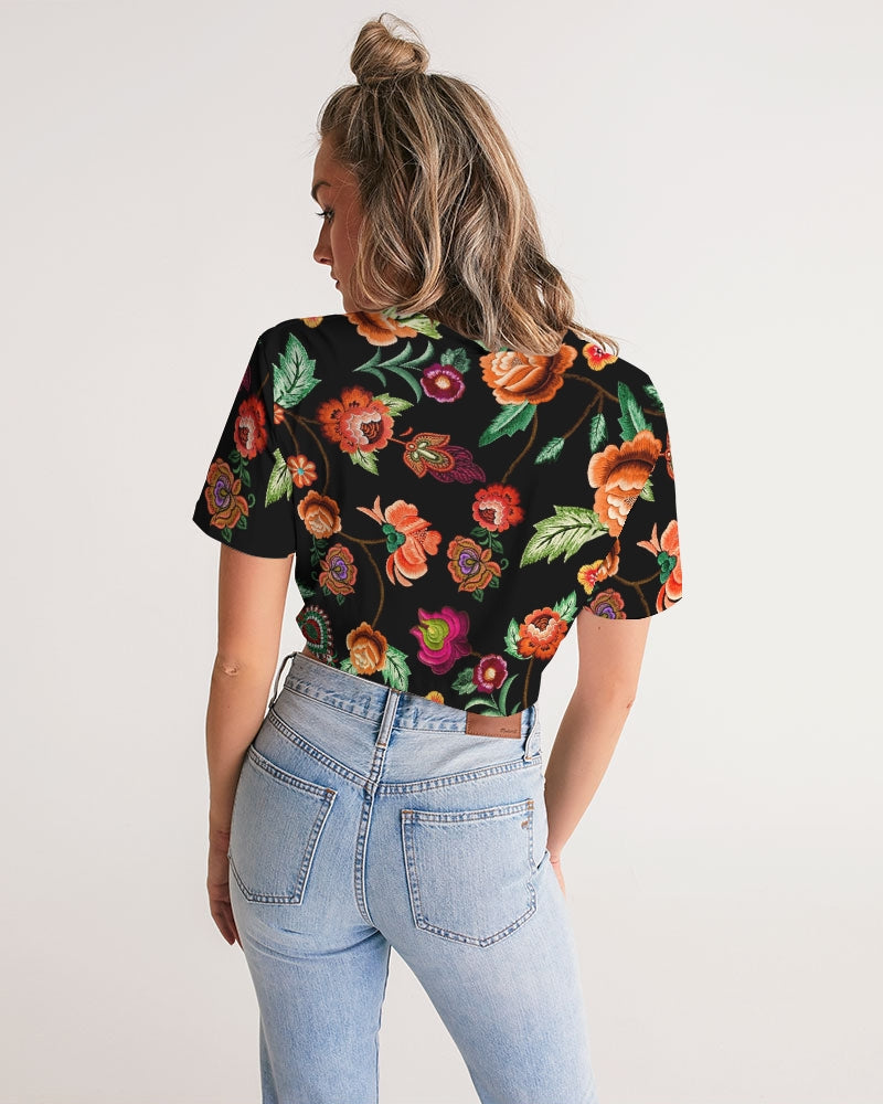 Embroidery Flowers Women's Twist-Front Cropped Tee